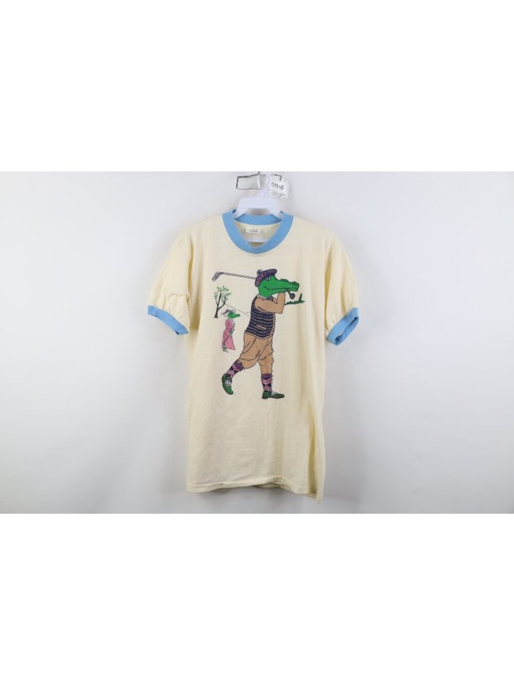 Vintage 80s Mens Large Alligator Crocodile Golf Golfing Ringer T-Shirt Beige USA